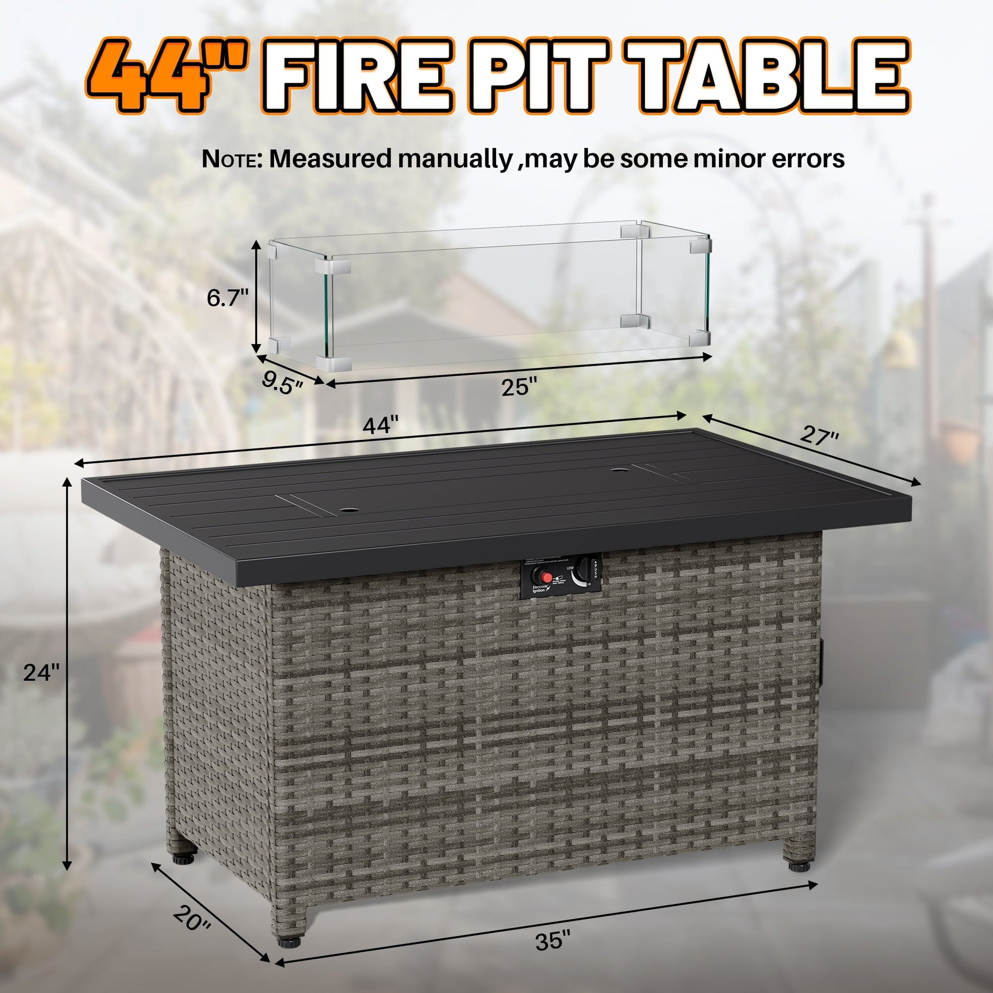 44 Inch Outdoor Wicker Fire Pit Table, 50000 BTU Propane Fire Pits with Glass Wind Guard and Lid, Patio Gas Fire Pit for Outside Patio and Garden(Grey) - Home OXO