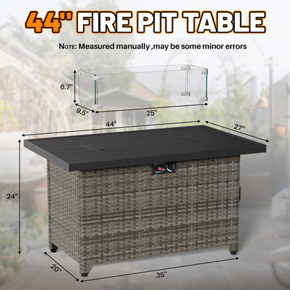 44 Inch Outdoor Wicker Fire Pit Table, 50000 BTU Propane Fire Pits with Glass Wind Guard and Lid, Patio Gas Fire Pit for Outside Patio and Garden(Grey) - Home OXO