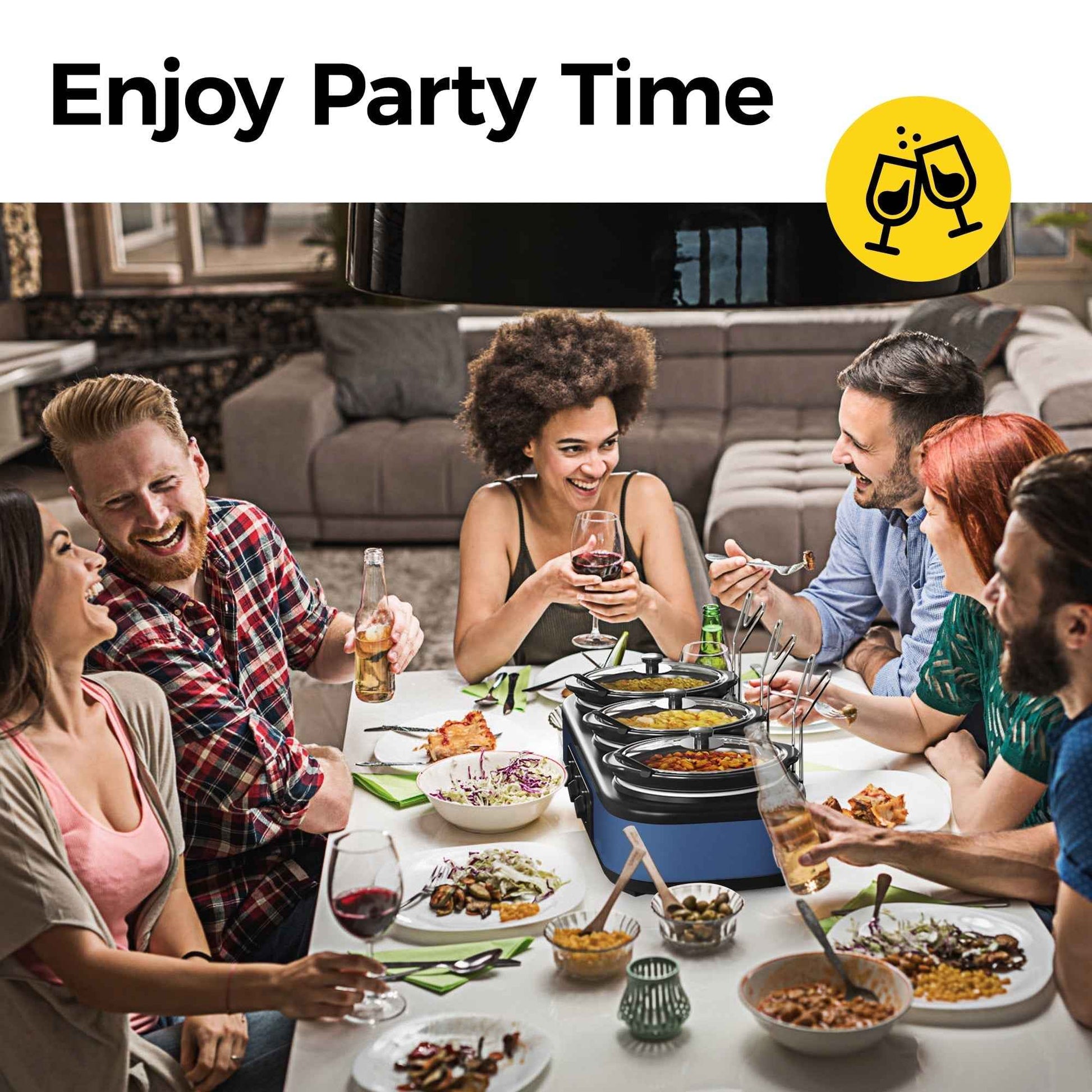 May in Color Triple Slow Cooker Food Warmer, 3 Removable Ceramic Pots (2.5 QT Each), Adjustable Temp & Stainless Steel Lids, Blue