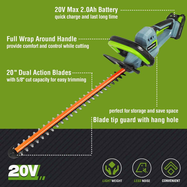 WORKPRO 20V Cordless Hedge Trimmer, 20" Dual Action Blades Electric Hedge Trimmer, with Battery and Charger
