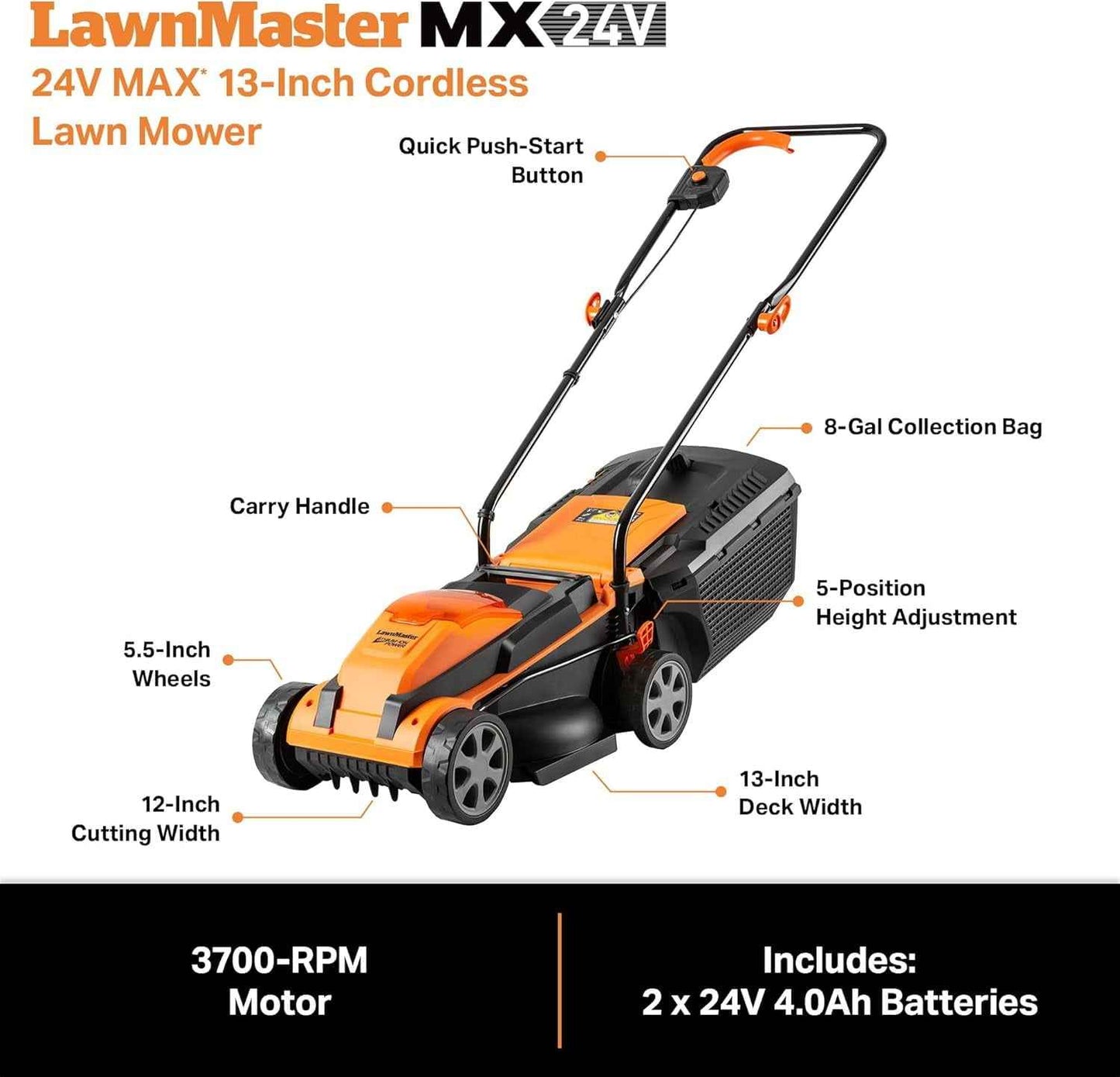 LawnMaster 13in 24 V Cordless Lawn Mower with Push Button Start