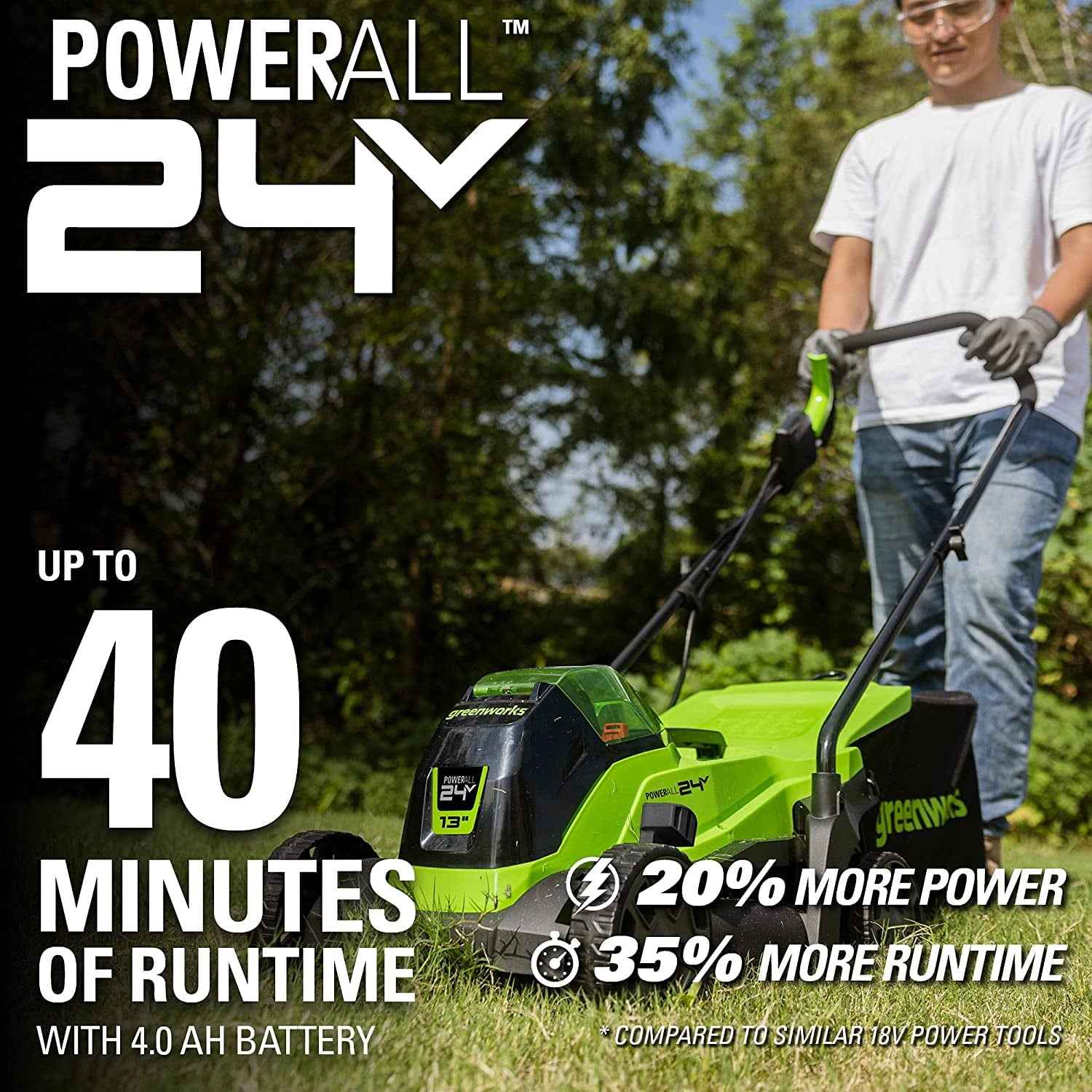 Greenworks 24V 13” Battery Powered Push Walk-Behind Mower, 4Ah USB Battery and Charger Included