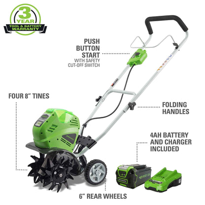 Greenworks 40V 10" Cordless Cultivator/Tiller with 4.0Ah Battery & Charger 27062