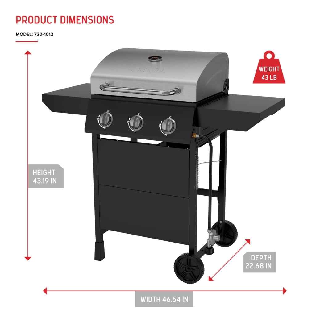 Nexgrill 3-Burner Propane Gas Grill with Side Tables, 27,000BTUs, Stainless Steel Lid, Spacious 429 SQ. In. Cooking Space, BBQ Grill for Outdoor Cooking, Patios, Parties, and More - 720-1012