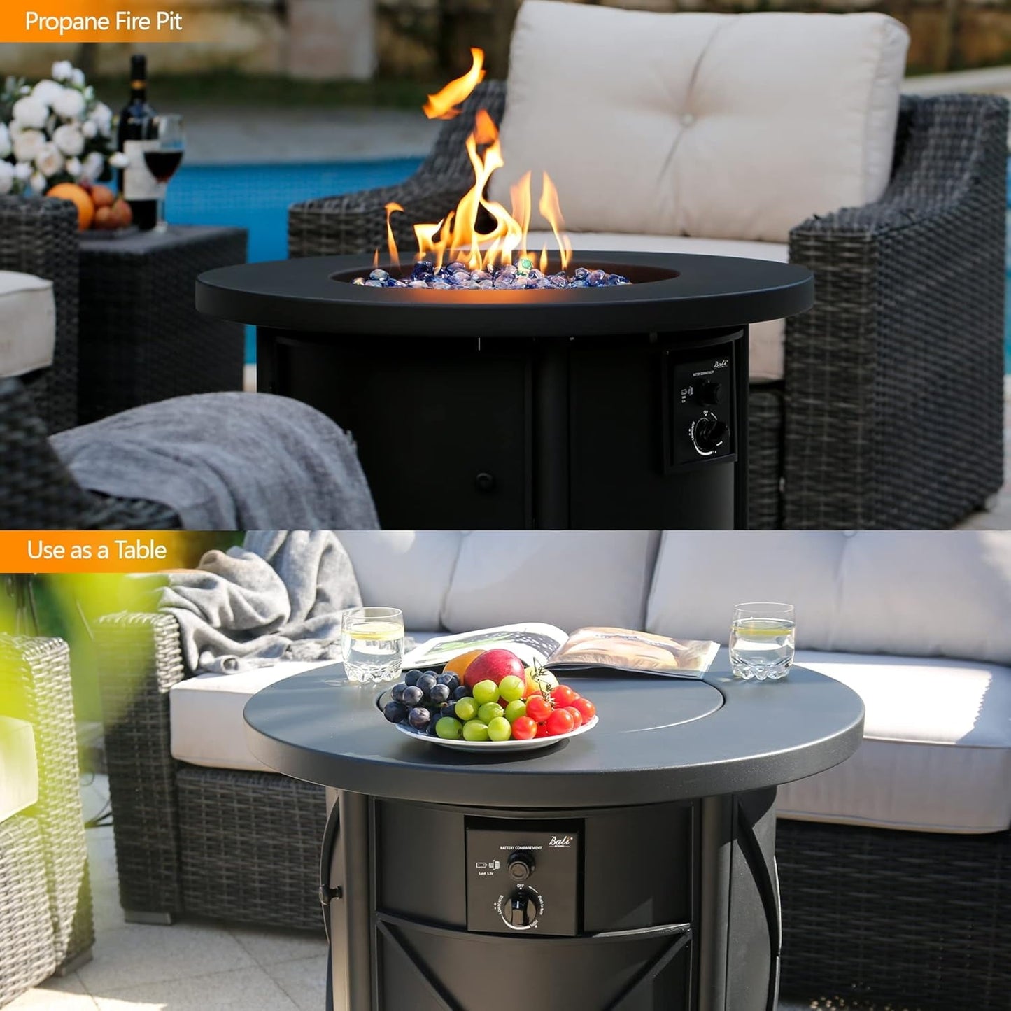 Bali Outdoors 30" Round Gas Fire Pit Table 50000 BTU Fire Column for Outside Backyard, Patio, Black - Home OXO