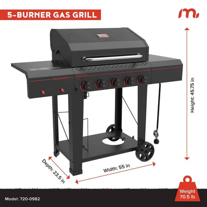 Megamaster 5-Burner Propane Gas Grill with Side Tables, Accessory Hooks, 50,000 BTUs, 656 SQ. In. Cooking Space, 2 Wheel Transport, Outdoor Kitchen Grill for BBQs, Backyards, and More - 720-0982
