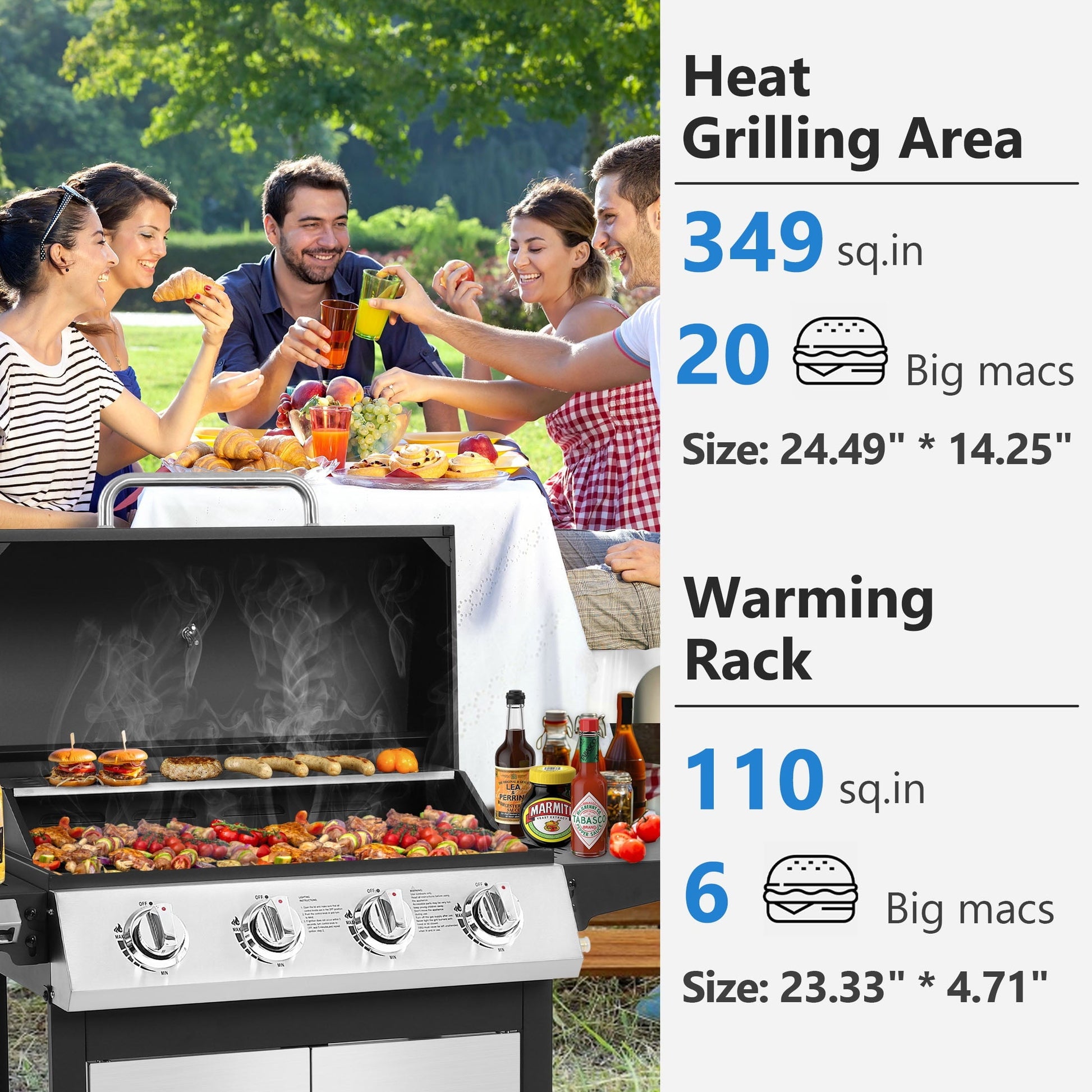 SEGMART 4 Burner BBQ Propane Gas Grill, Stainless Steel 40,000 BTU Patio Garden Barbecue Grill with Folding Side Tables, Cleaning Brush & Thermometer, Perfect for Camping, Outdoor Cooking - Home OXO