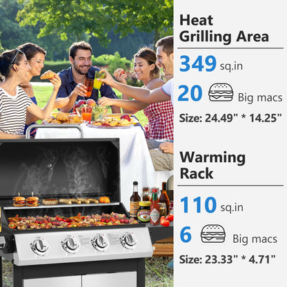 SEGMART 4 Burner BBQ Propane Gas Grill, Stainless Steel 40,000 BTU Patio Garden Barbecue Grill with Folding Side Tables, Cleaning Brush & Thermometer, Perfect for Camping, Outdoor Cooking - Home OXO