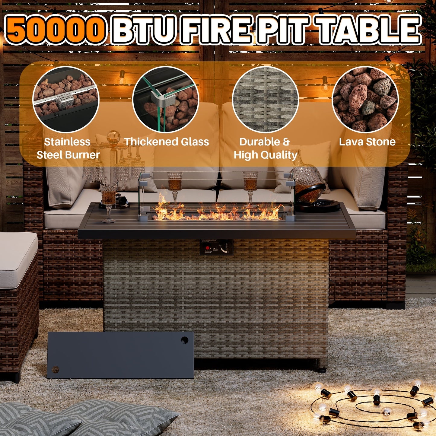 44 Inch Outdoor Wicker Fire Pit Table, 50000 BTU Propane Fire Pits with Glass Wind Guard and Lid, Patio Gas Fire Pit for Outside Patio and Garden(Grey) - Home OXO