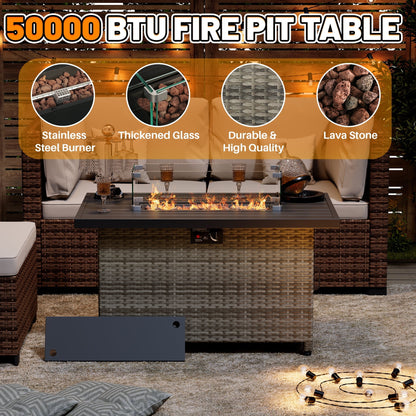 44 Inch Outdoor Wicker Fire Pit Table, 50000 BTU Propane Fire Pits with Glass Wind Guard and Lid, Patio Gas Fire Pit for Outside Patio and Garden(Grey) - Home OXO