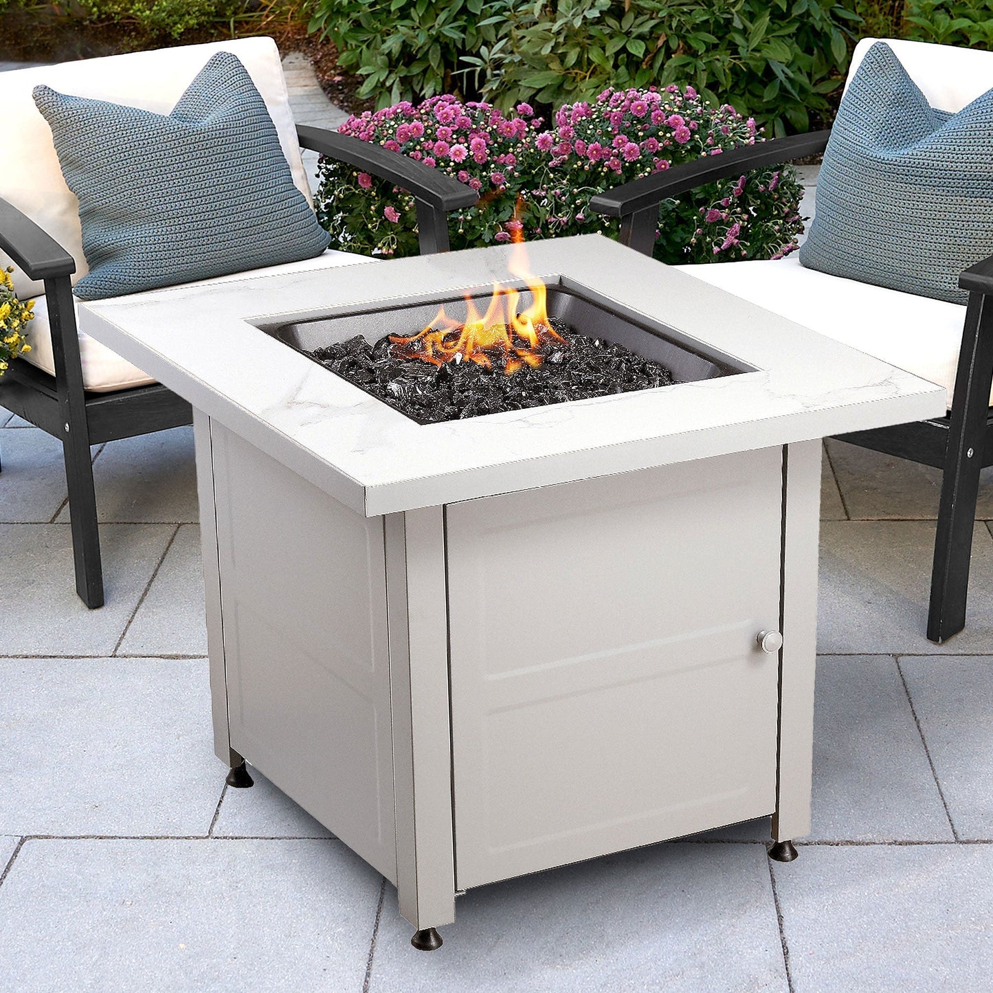 Endless Summer Outdoor Fire Pit Table with Faux Marble Finish, Black Glass - Home OXO