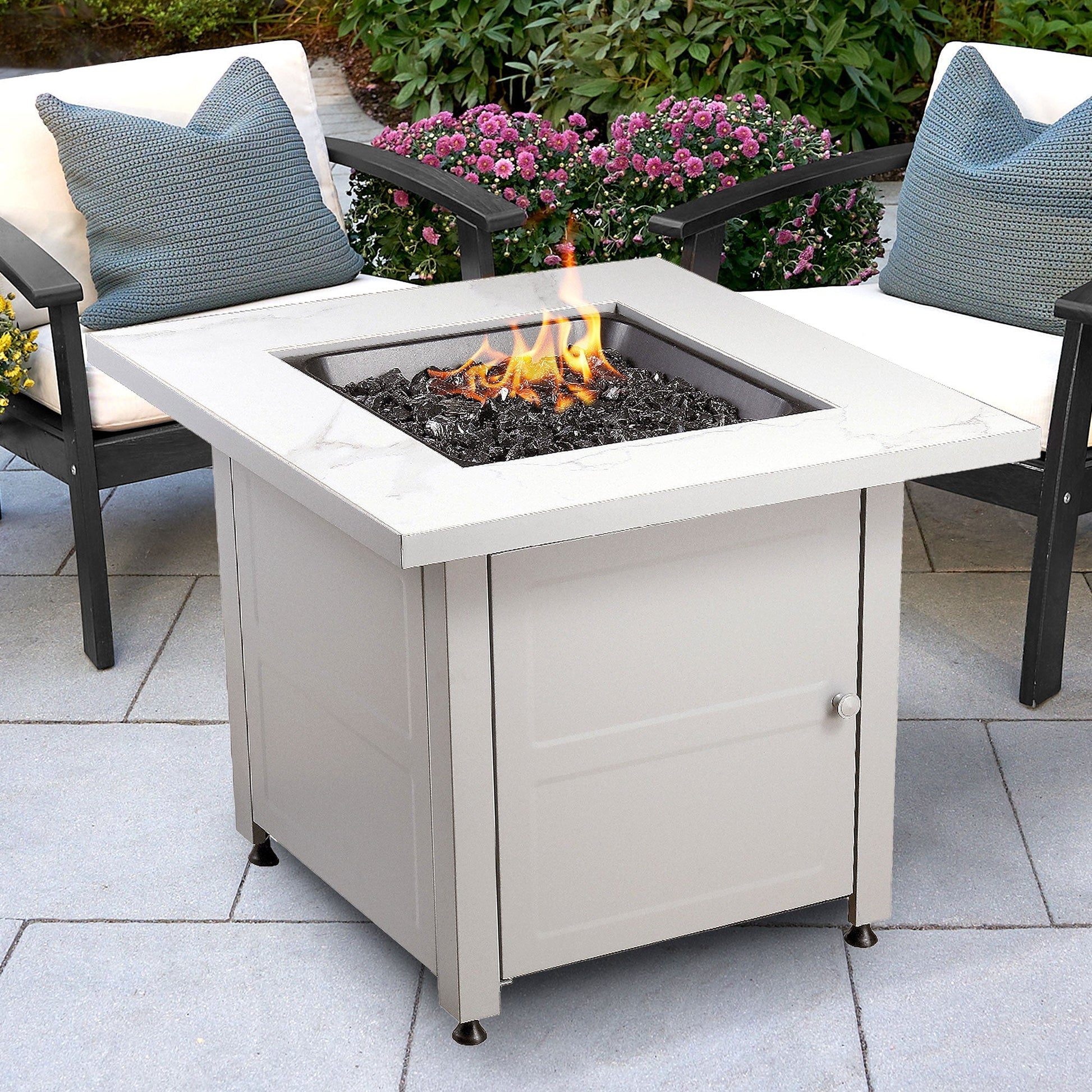 Endless Summer Outdoor Fire Pit Table with Faux Marble Finish, Black Glass - Home OXO