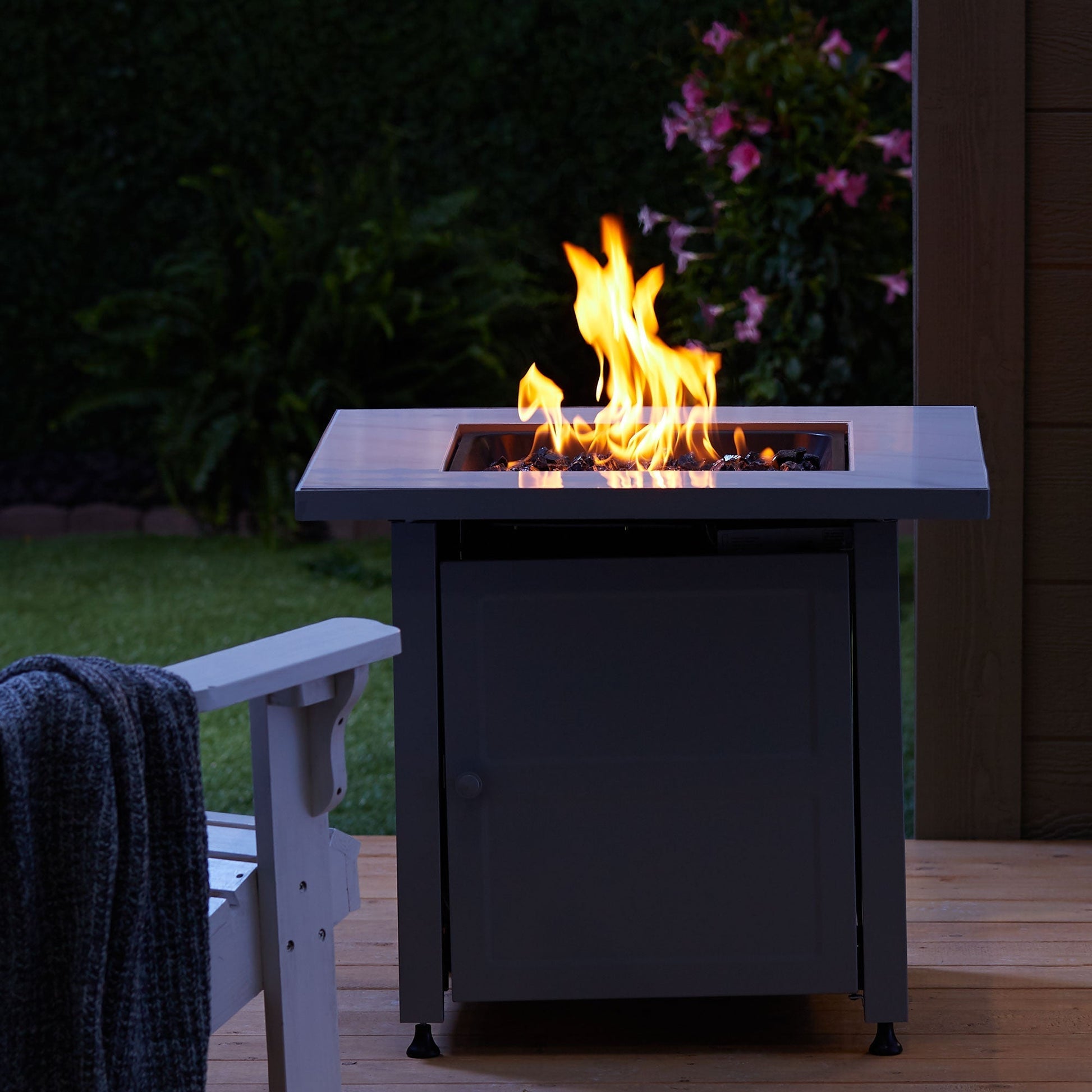Endless Summer Outdoor Fire Pit Table with Faux Marble Finish, Black Glass - Home OXO