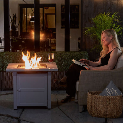 Endless Summer Outdoor Fire Pit Table with Faux Marble Finish, White Glass - Home OXO