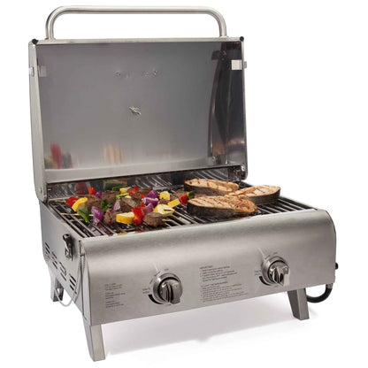 Cuisinart Chef's Style Tabletop Portable Propane Gas Grill, 20,000 BTU Stainless Steel 2-Burner Outdoor BBQ Grill