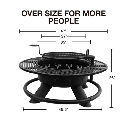 Bestier Fire Pit with Grills Grate, 47" Outdoor Firepit for Outside Wood Burning, Round Metal Fire Pits for Patio, Picnic, Party, BBQ, Deer Head Style - Home OXO