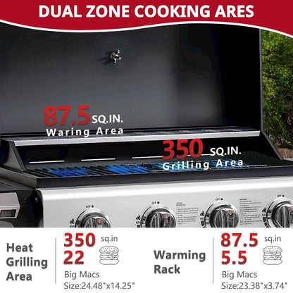 4000BTU Propane Gas Grill, Seizeen Stainless Steel 4-Burner BBQ Grill , Outdoor Patio Camping Portable Grill w/Foldable Side Table, Hanging Basket, Steel Brush, Universal Wheels