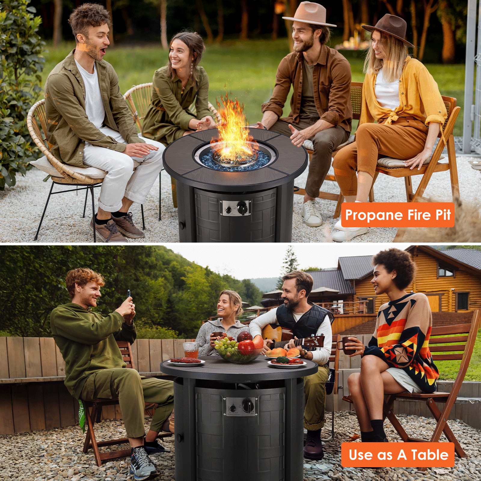 TLGREEN 30" Propane Fire Pit Table with Lid and Blue Stone, 50,000 BTU Auto-Ignition Circular Gas Fire Pit for Outdoor, with CSA Certified - Home OXO