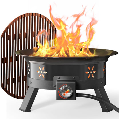 Philergo 19 inch Portable Fire Pits with Grill for Outside 58000 BTU Gas Fire Bowl with Foldable Legs & Lid & Carry Kit & Lava Rock Stone - Home OXO
