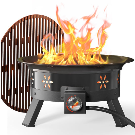 Philergo 19 inch Portable Fire Pits with Grill for Outside 58000 BTU Gas Fire Bowl with Foldable Legs & Lid & Carry Kit & Lava Rock Stone - Home OXO