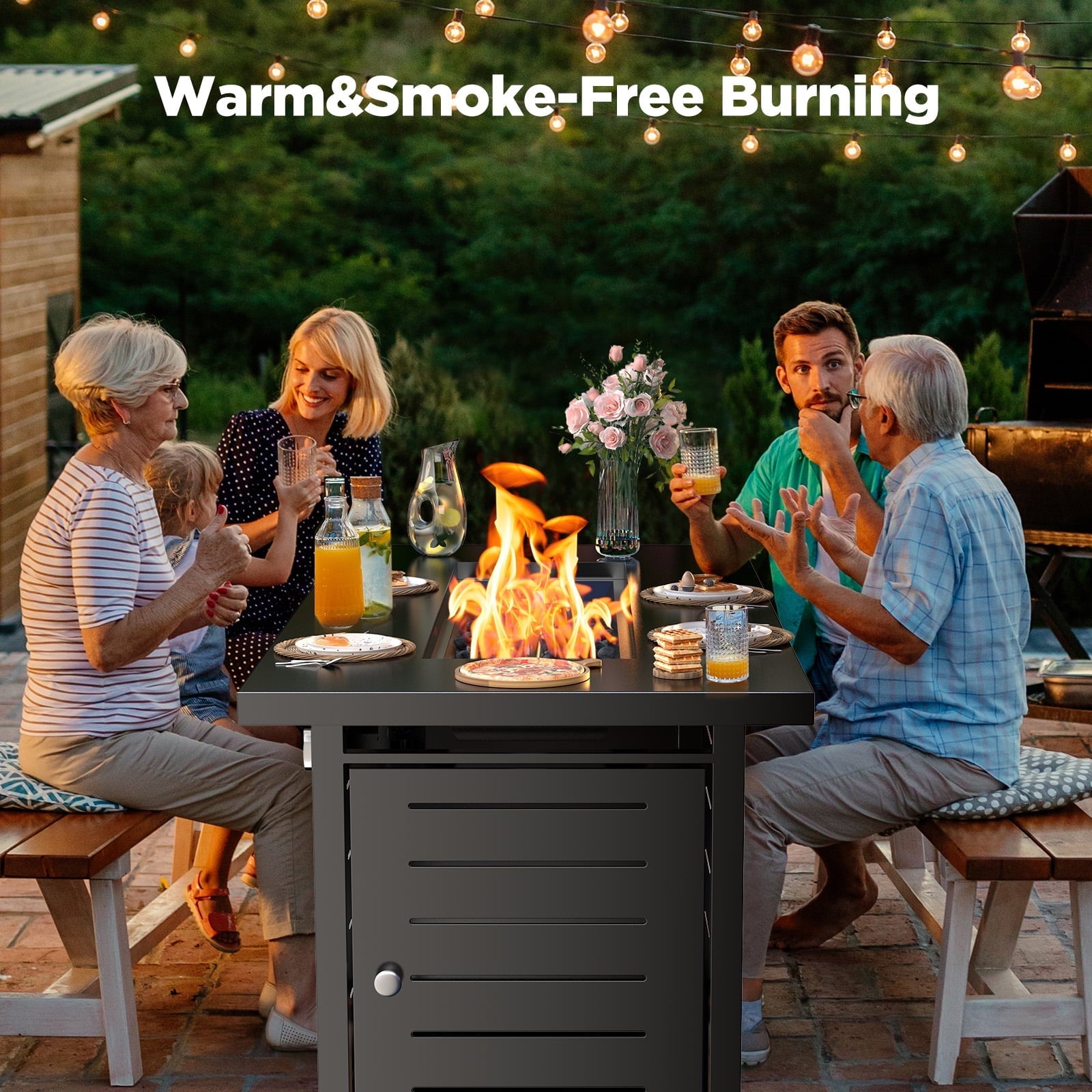 Philergo 42" Rectangular Gas Fire Pit Table, 60,000 BTU Propane Fire Pits for Outside with Lid and Lava Rock - Home OXO