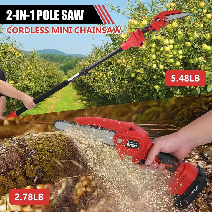 2-in-1 Brushless Cordless Pole Saw,6in + 8in Mini Chainsaw & Pole Saw with 2pcs 2.0A Batteries, 13.6ft Max Reach Brach Tree Saw Telescoping Extension Rod for Wood Tree Trimming Wood Cutting，Red
