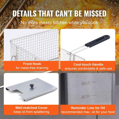 KFFKFF 3000W 2-Basket Commercial Electric Deep Fryer, Stainless Steel