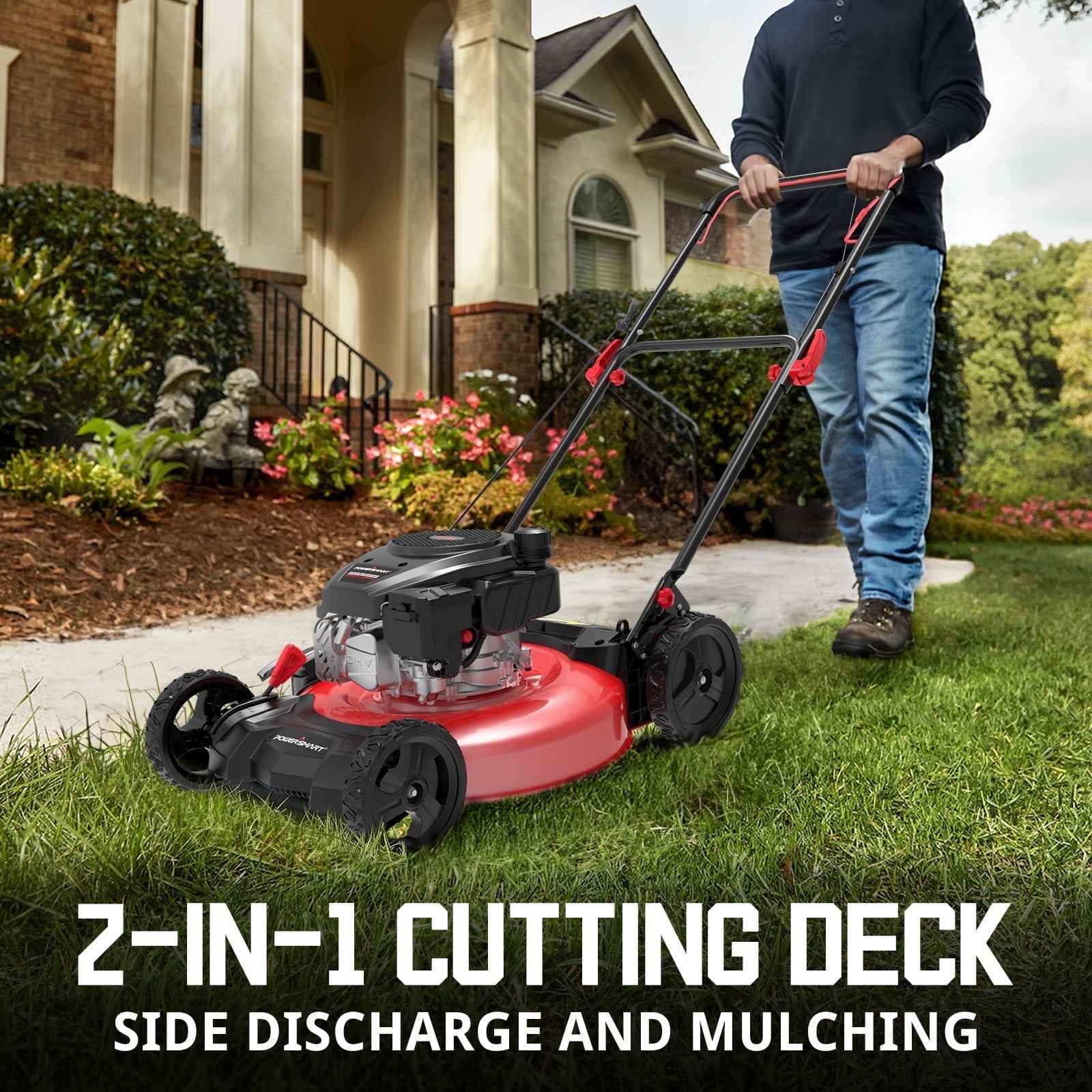 PowerSmart Gas Lawn Mower, 21 inches 144cc 2-in-1 Walk-Behind , Side Discharge Push Lawn Mower