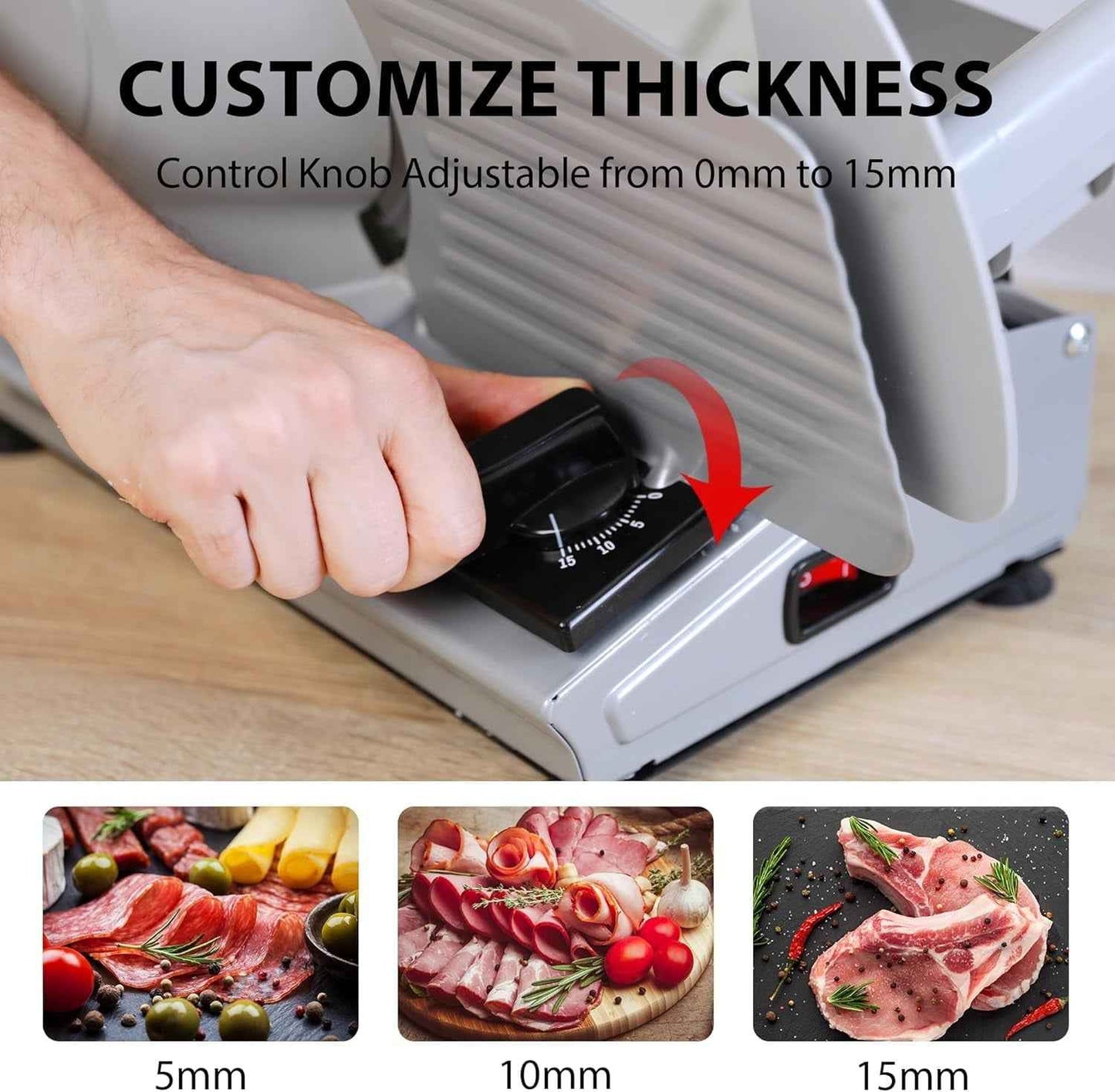 Valley Sportsman 7.5" Electric Meat Slicer w/Stainless Blade 180W Adjustable Thickness Cuts Meat/Bread/Cheese