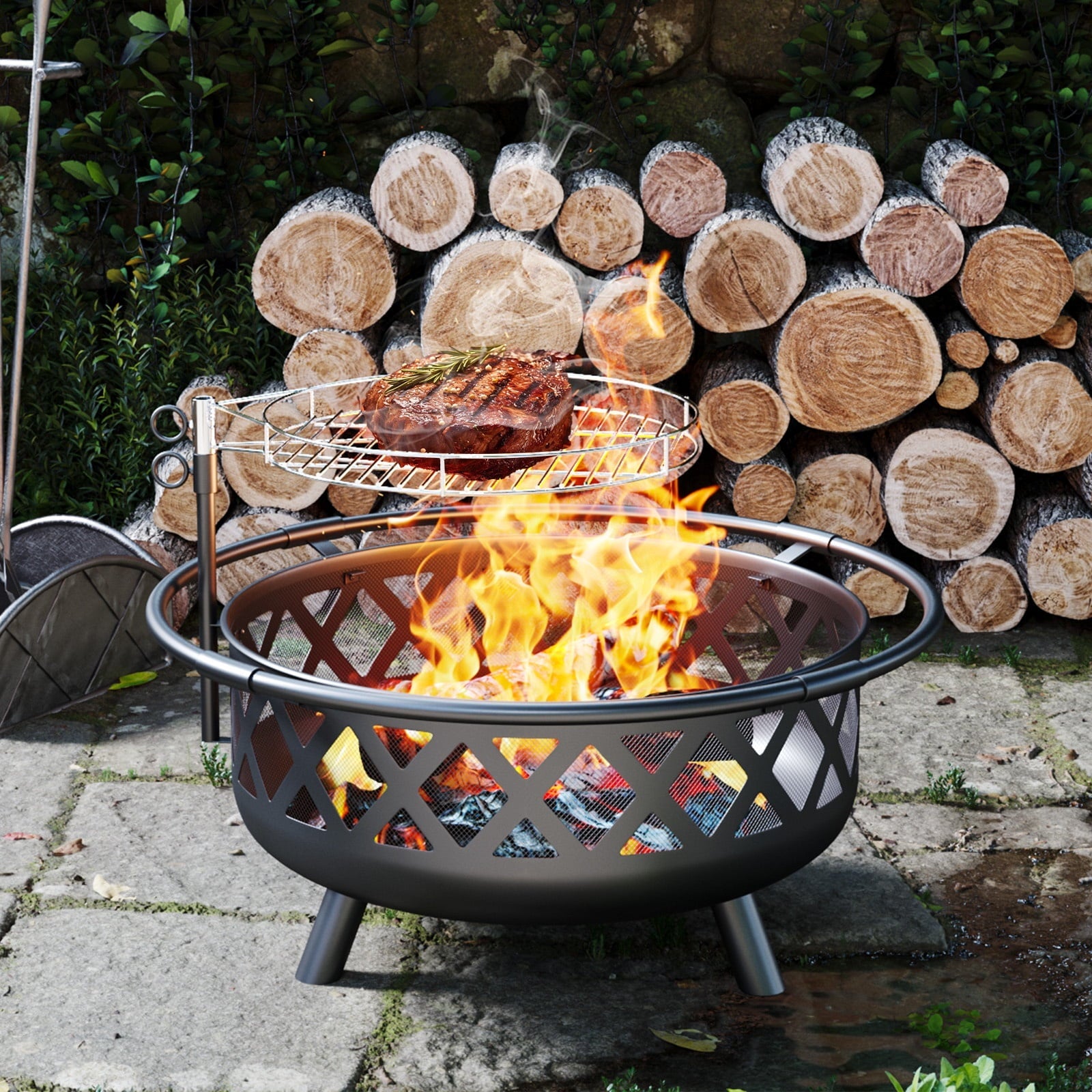 JolyDale 30 inch Outdoor Fire Pit with Cooking 2 in 1 Grate Wood Burning Firepit Steel Firepit Bowl with Swivel BBQ Grill, Poker for Backyard, Garden - Home OXO