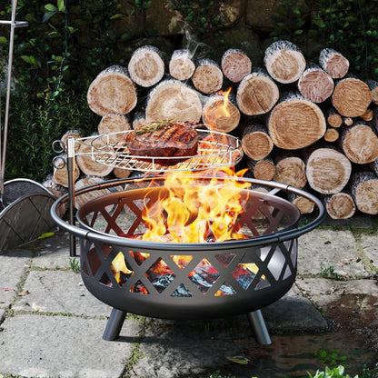 JolyDale 30 inch Outdoor Fire Pit with Cooking 2 in 1 Grate Wood Burning Firepit Steel Firepit Bowl with Swivel BBQ Grill, Poker for Backyard, Garden - Home OXO
