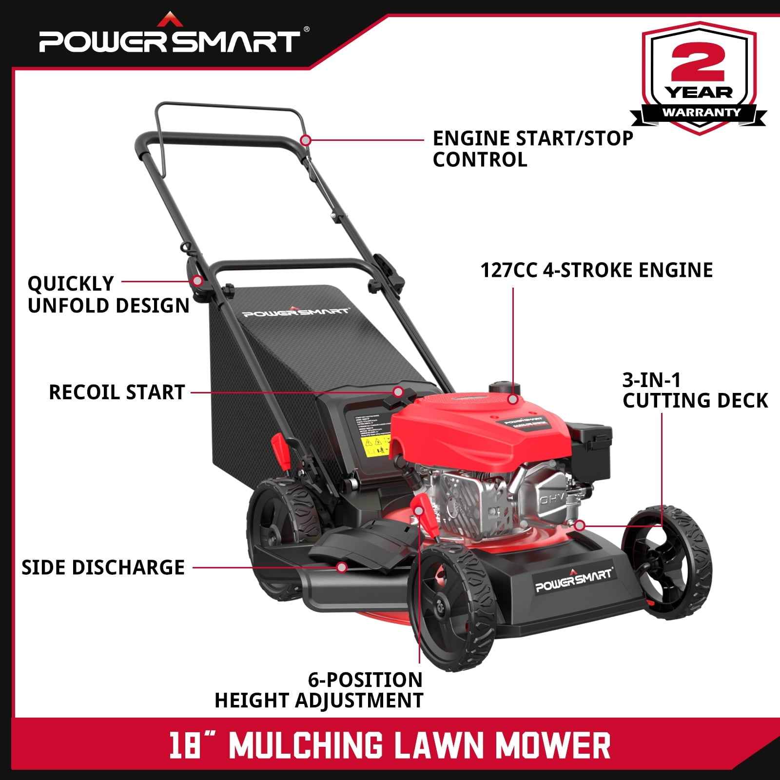 PowerSmart 3-in-1 18-inch Gas Push Lawn Mower with 144cc Engine, 6-Position Height Adjustment