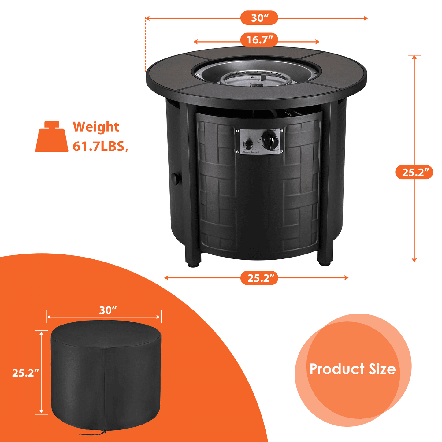 TLGREEN 30" Propane Fire Pit Table with Lid and Blue Stone, 50,000 BTU Auto-Ignition Circular Gas Fire Pit for Outdoor, with CSA Certified - Home OXO