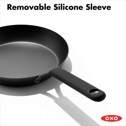 OXO Obsidian Pre-Seasoned Carbon Steel Induction Safe 12" Frying Pan/Skillet with Silicone Sleeve, Black