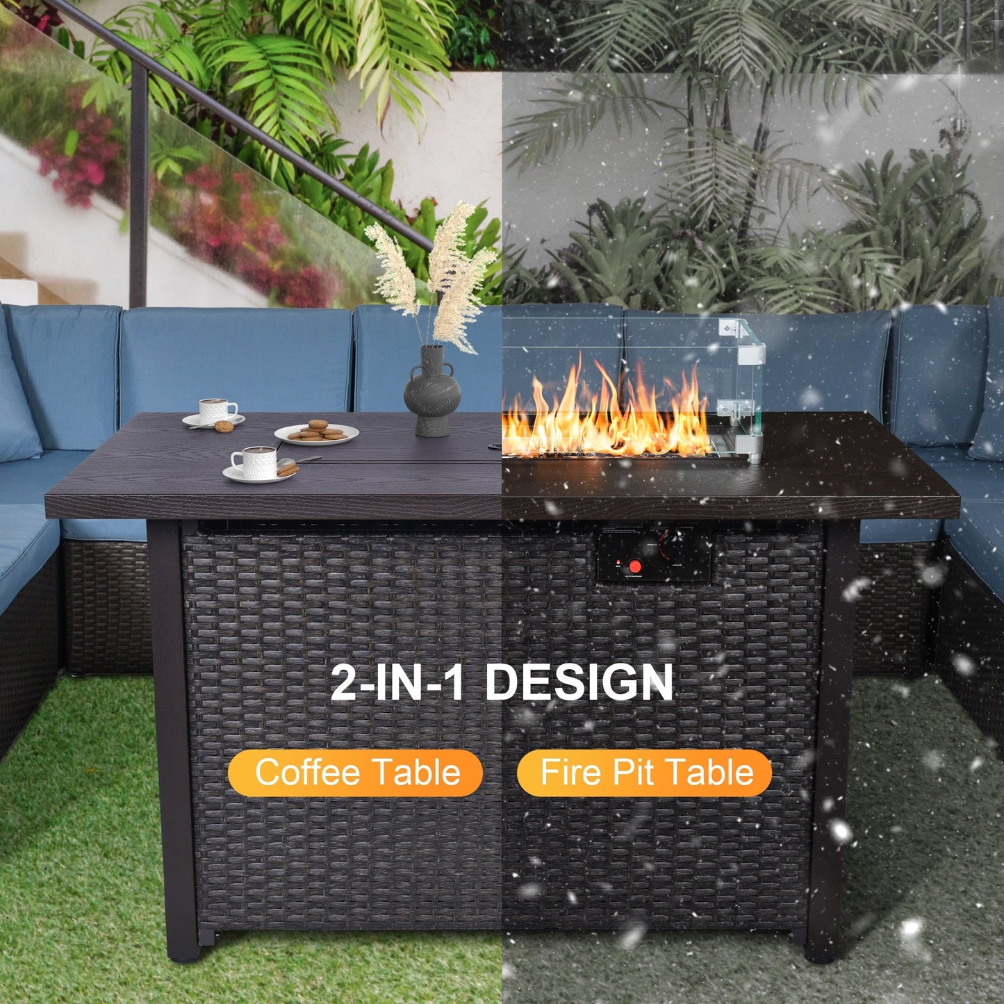 Phonjoroo Fire Pit Table 42 in Outdoor Propane Gas Fire Pit for Outside 50,000 BTU Auto-Ignition Gas Firepit Outdoor Rattan Table with Glass Wind Guard and Cover - Home OXO