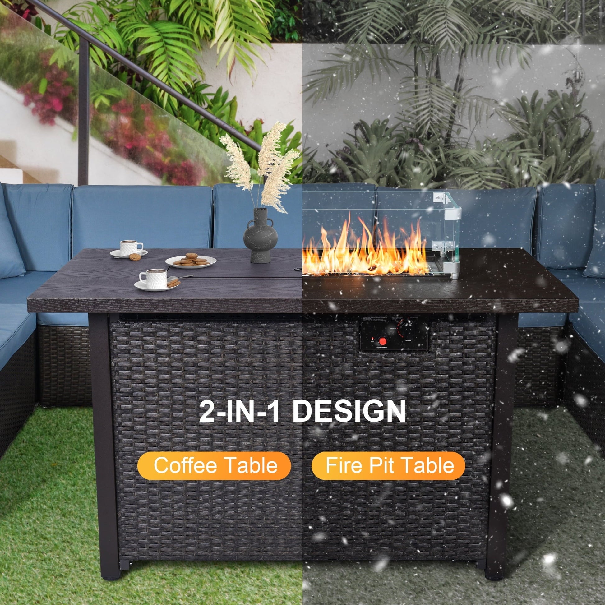 Phonjoroo Fire Pit Table 42 in Outdoor Propane Gas Fire Pit for Outside 50,000 BTU Auto-Ignition Gas Firepit Outdoor Rattan Table with Glass Wind Guard and Cover - Home OXO