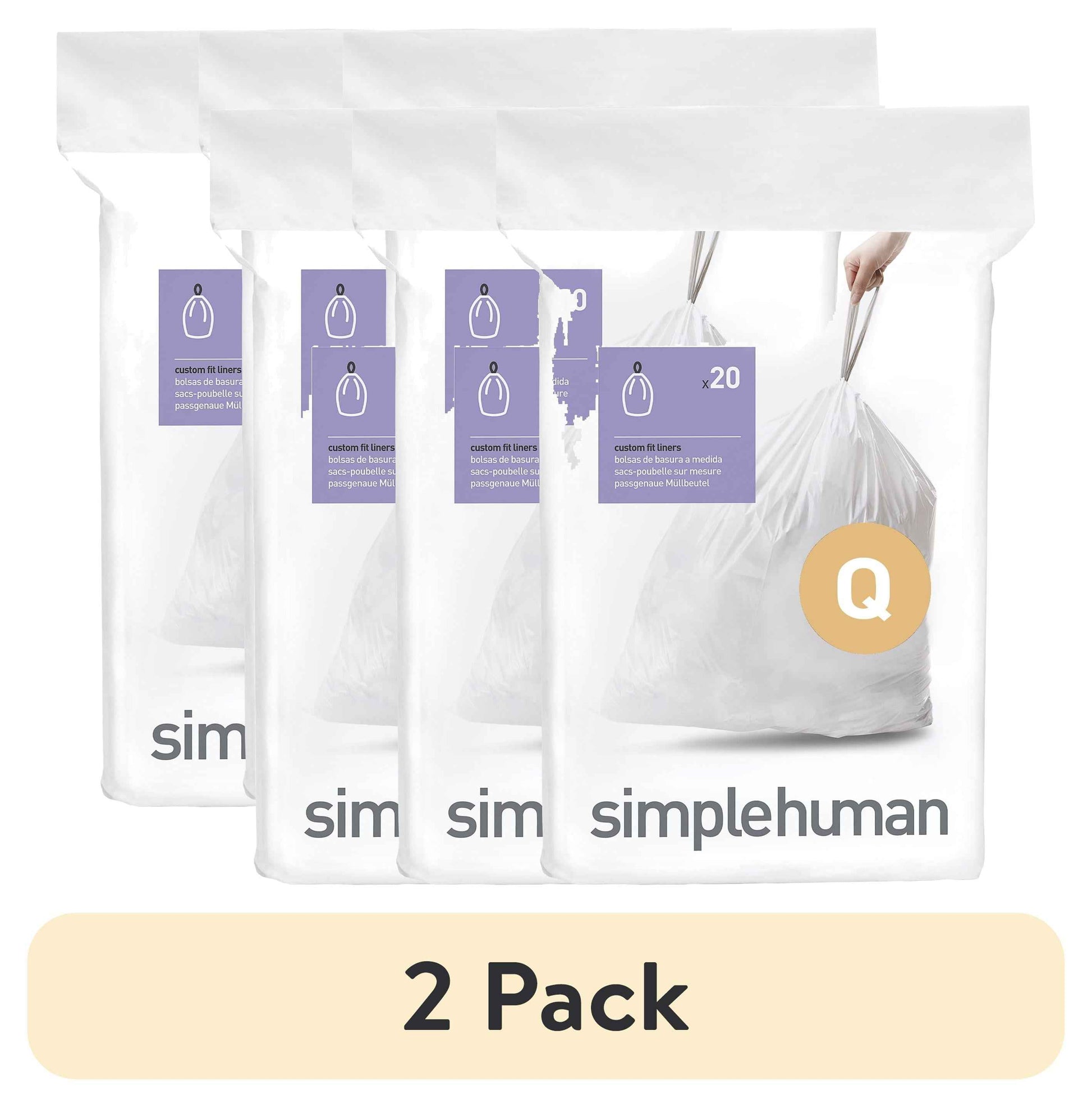 (2 pack) simplehuman Code Q Custom Fit Drawstring Trash Bags in Dispenser Packs, 60 Count, 50-65 Liter / 13-17 Gallon, White