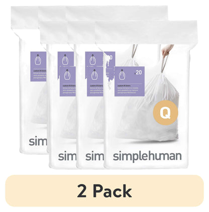 (2 pack) simplehuman Code Q Custom Fit Drawstring Trash Bags in Dispenser Packs, 60 Count, 50-65 Liter / 13-17 Gallon, White