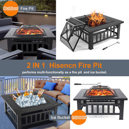 SEGMART Outdoor Fire Pit, 32" Square Metal Fire Pit Table with Spark Screen & Log Poker, Stove Wood Burning Fire Pit Bowl, Ideal for Yard Patio Beach Picnic Bonfire - Home OXO