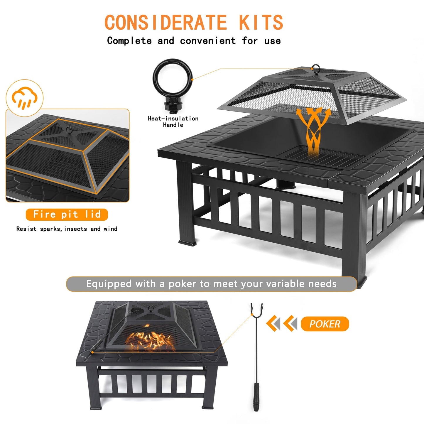 Multifunctional Fire Pit Table, 32'' Fireplace Heater/Ice Pit, Square Metal Fire Pit Stove with Screen Lid and Log Poker for Backyard Garden Camping Picnic Bonfire - Home OXO