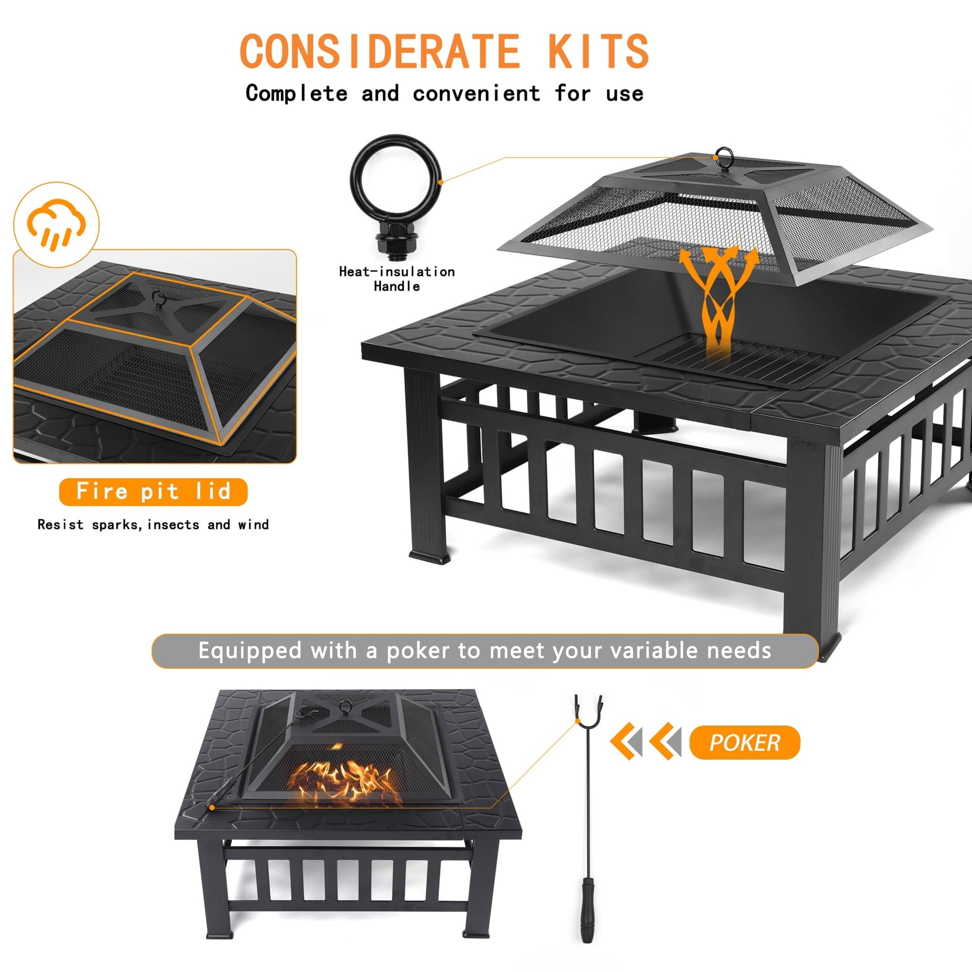 SEGMART Outdoor Fire Pit, 32" Square Metal Fire Pit Table with Spark Screen & Log Poker, Stove Wood Burning Fire Pit Bowl, Ideal for Yard Patio Beach Picnic Bonfire - Home OXO