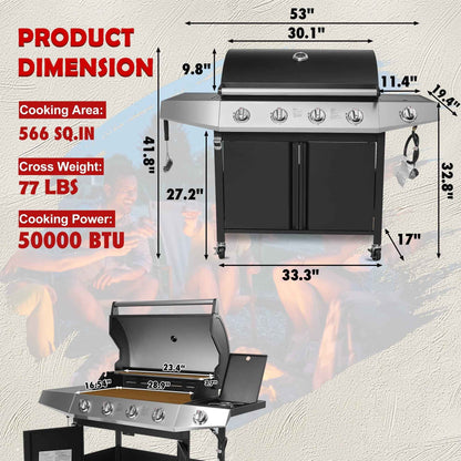 50000 BTU Gas Grills, SYNAGR Propane Grill with 566 sq.in Cooking Area, 5-Burner Stainless Steel BBQ Grill with Side Burner and Thermometer for Outdoor Party, Camping