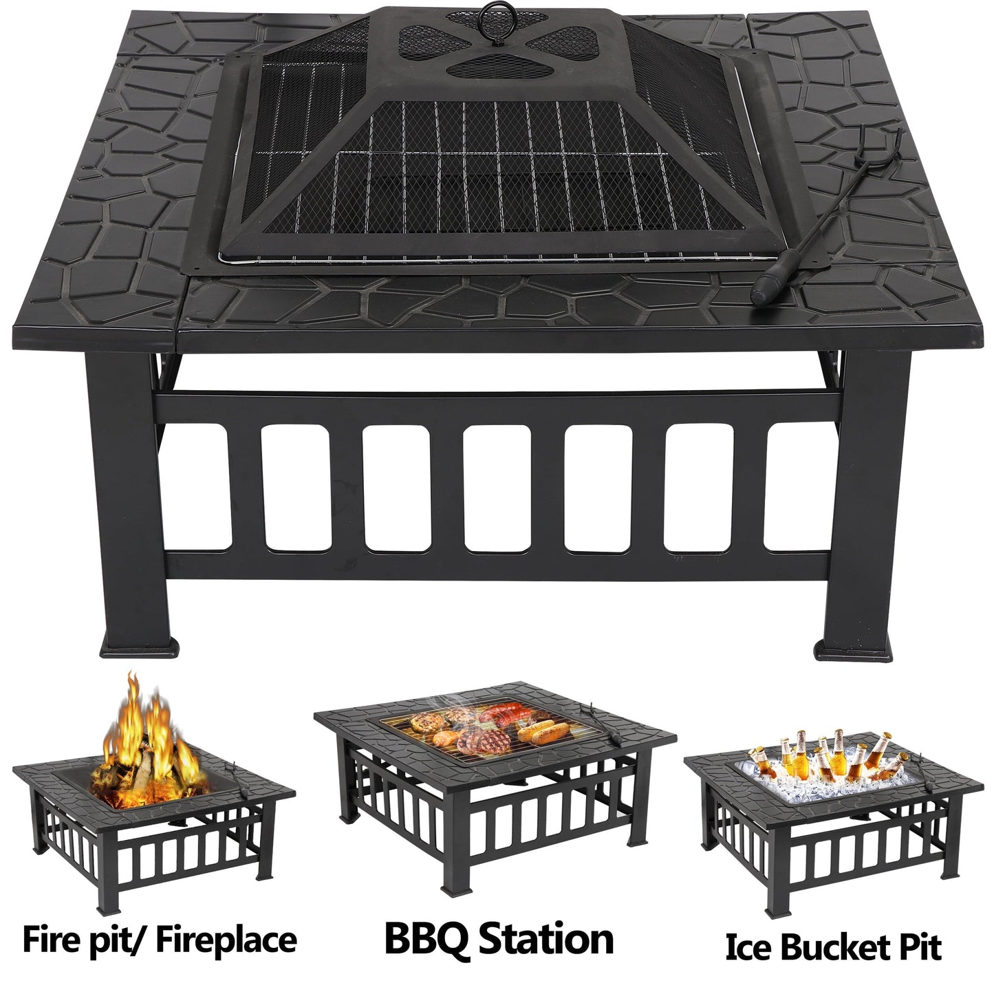 HomGarden 32'' Portable Fire Pit Wood Burning Outdoor Fireplace W/BBQ Grill & Poker & Mesh Lid - Home OXO