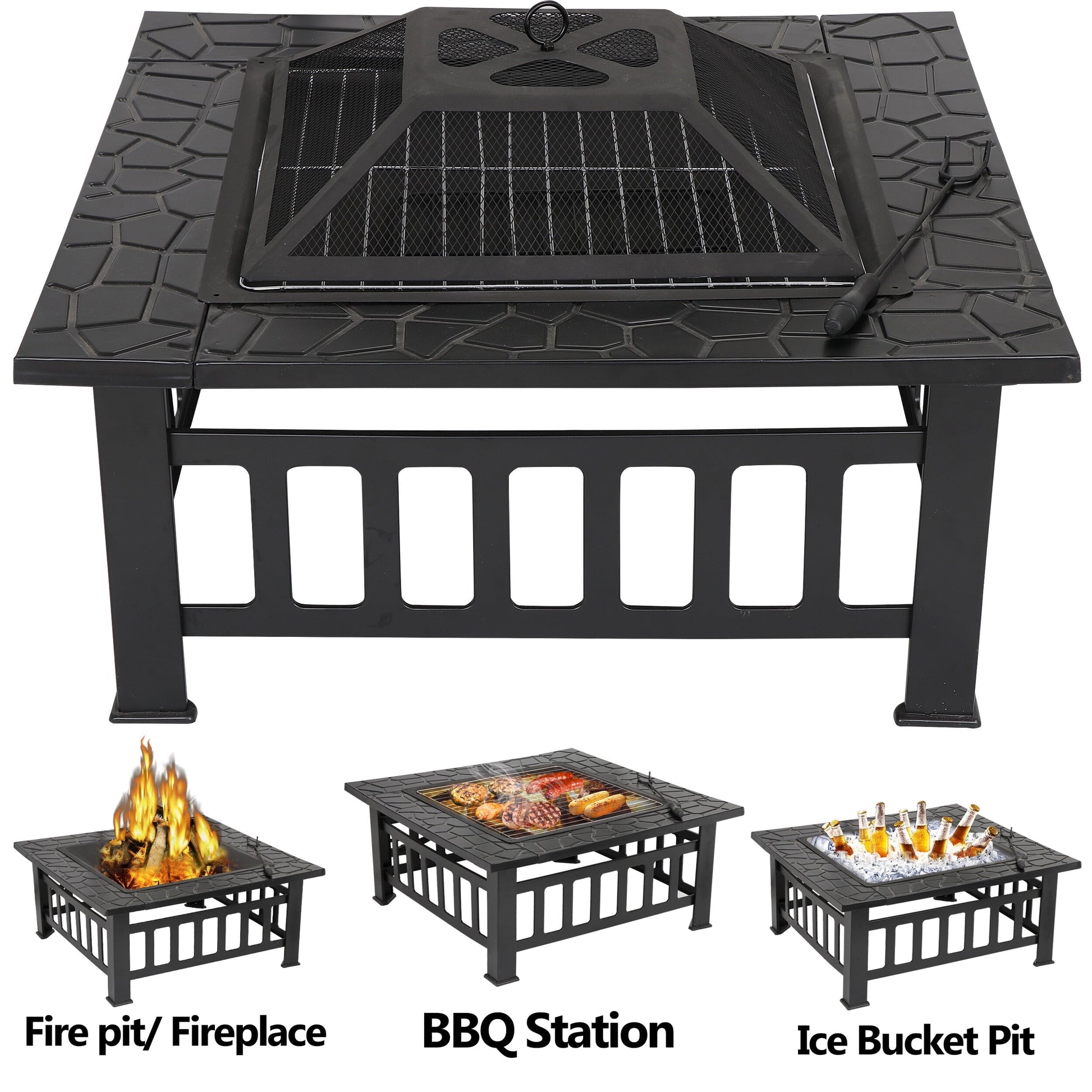 HomGarden 32'' Portable Fire Pit Wood Burning Outdoor Fireplace W/BBQ Grill & Poker & Mesh Lid - Home OXO