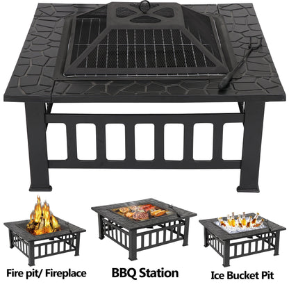 HomGarden 32'' Portable Fire Pit Wood Burning Outdoor Fireplace W/BBQ Grill & Poker & Mesh Lid - Home OXO