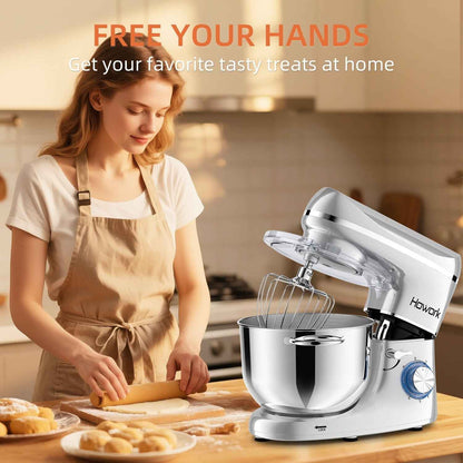 HOWORK 6.5-Qt Stand Mixer, Silver with Dough Hook, Beater, Whisk