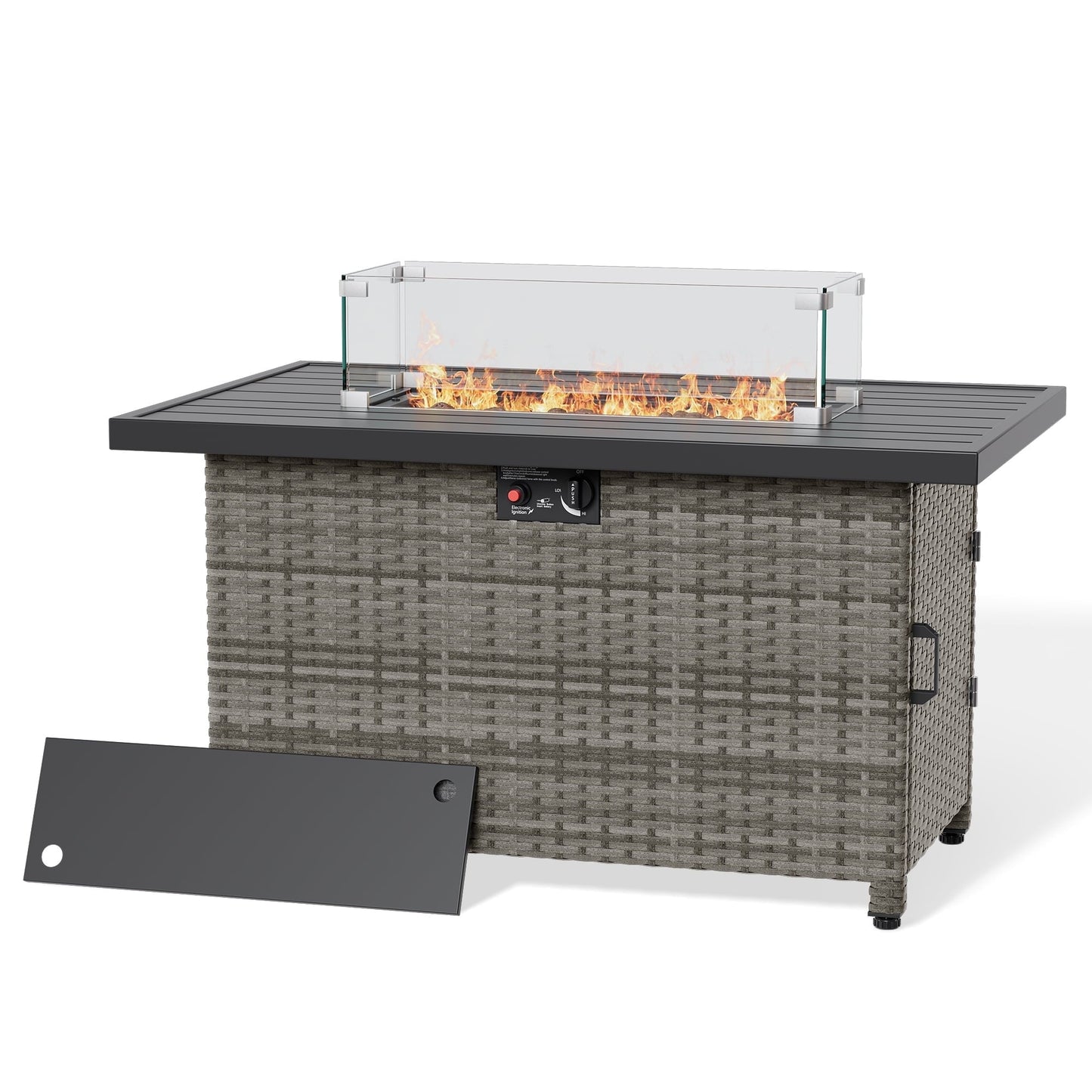 44 Inch Outdoor Wicker Fire Pit Table, 50000 BTU Propane Fire Pits with Glass Wind Guard and Lid, Patio Gas Fire Pit for Outside Patio and Garden(Grey) - Home OXO