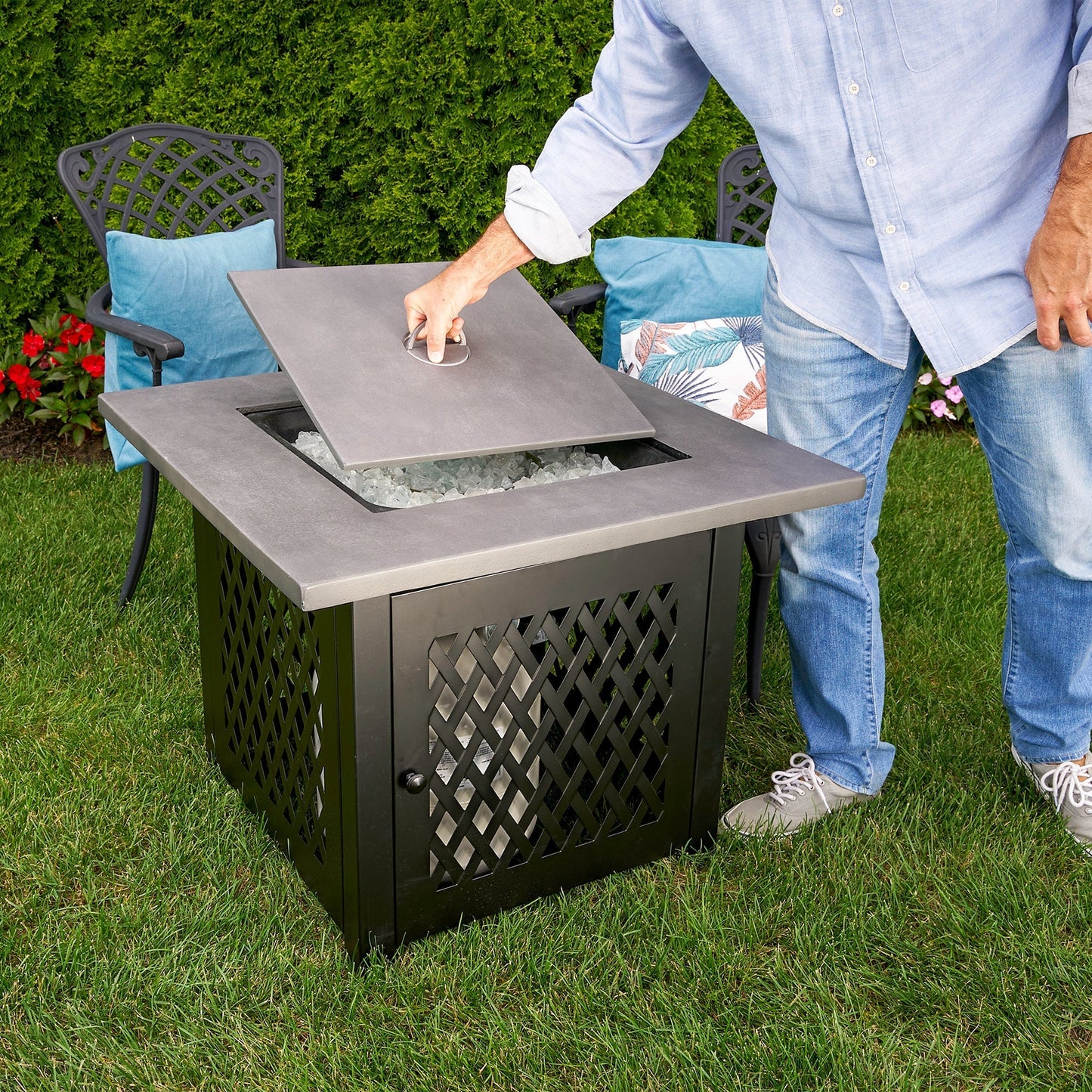 Endless Summer Charles 30 Inch Square Outdoor UV Printed LP Gas Fire Pit Table - Home OXO