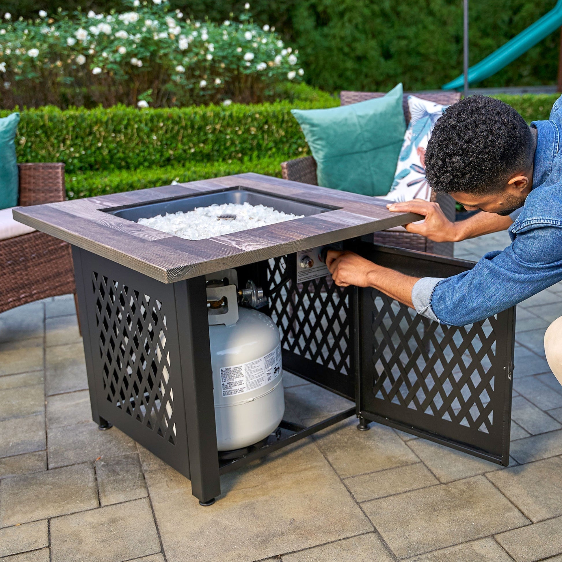 Endless Summer Nate 30 Inch Square Outdoor UV Printed LP Gas Fire Pit Table - Home OXO