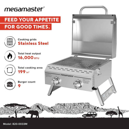 Megamaster 2-Burner Stainless Steel Portable Gas Grill with Built-In Lid, 16,000 BTUs, Foldable Legs, Small Propane Grill for Outdoor Cooking, Camping, BBQs, Patios, Tabletop, and Gardens - 820-0033M